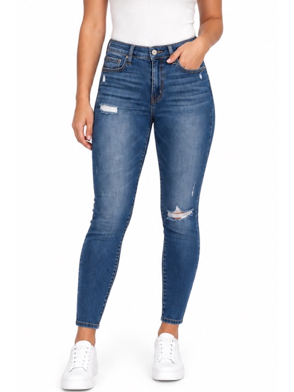 Flying Monkey women's blue distressed jeans w/ a slim fit, & frayed hem details